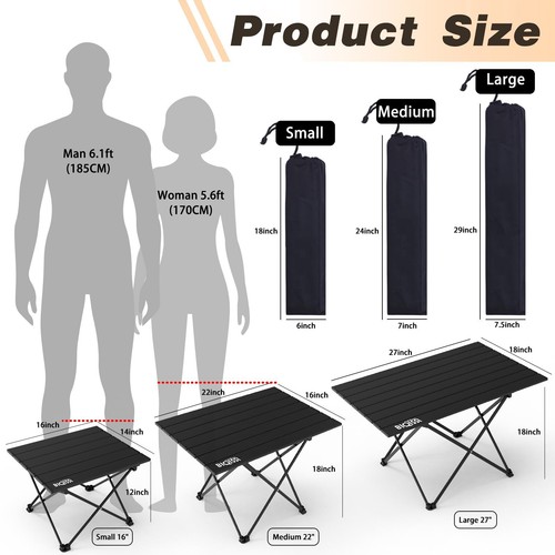 Foldable Camping Table Outdoor Beach Picnic Table 16"/19"/22'/38' 6 People,Black - Picture 17 of 31