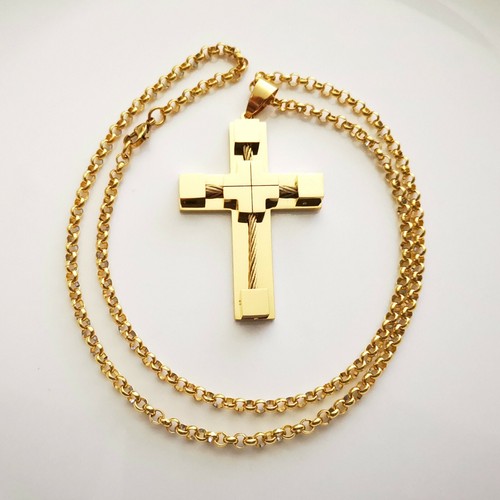 Men's Cross Necklace 316L Stainless Steel Jesus Christ Pendant Gold Rolo chain - Picture 7 of 8
