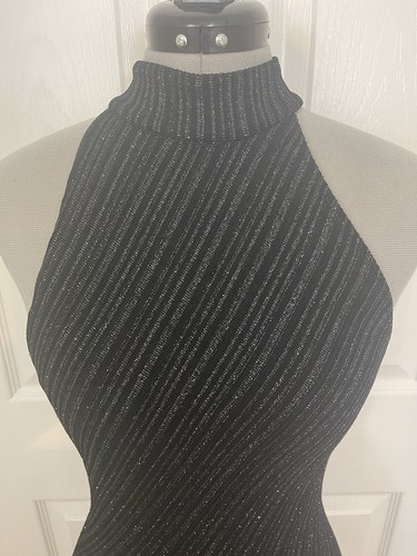 Vestido de Noche Cache Talla S Negro Sólido Brillante Largo Elastizado Body Con Halter - Imagen 4 de 14