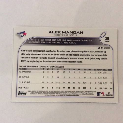 2022 Topps Chrome Sonic Black White Raywave #36 Alex Manor Toronto Blue Jays - Picture 2 of 2
