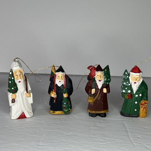 Vintage Hand Carved Painted Wooden Santa Claus 4 Christmas Tree Ornaments - Picture 2 of 6