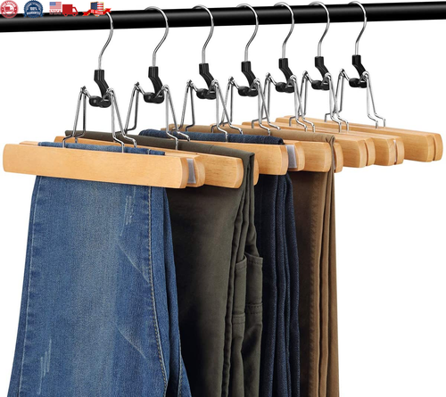 12 Pack Wooden Pants Hangers with Clips Non Slip Skirt Hangers Trouser Natural - Picture 2 of 12