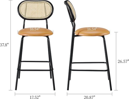 Rattan Bar Stools Set of 2, Oak Back Frame, Modern 26 Inch Counter Height - Picture 4 of 6
