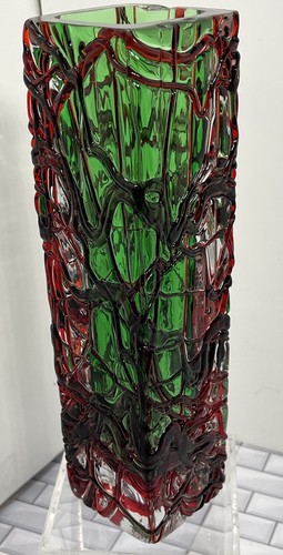Jarrón de vidrio artístico brutalista verde/rojo espaguetis remolinado textura MCM soplado a mano - Imagen 13 de 14