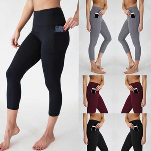 Womens Capri Yoga Pants Leggings With Pockets High Waisted GYM Fitness Trousers