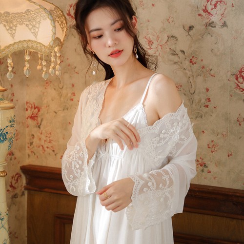 Conjunto de camisón francés para mujer 2 piezas Camisón Encaje Prendas para dormir Malla Informal Princesa - Imagen 25 de 27