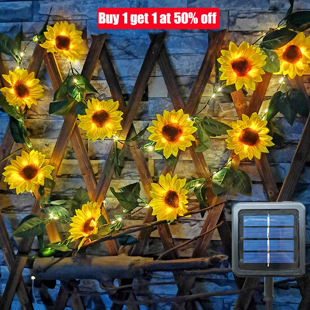 LED Solar Powered Sunflower Fairy String Lights Garden Outdoor Wall Fence Lamp