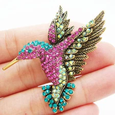 Beautiful Multi-color Hummingbird Rhinestone Crystal Bird Brooch Pin Gold Tone