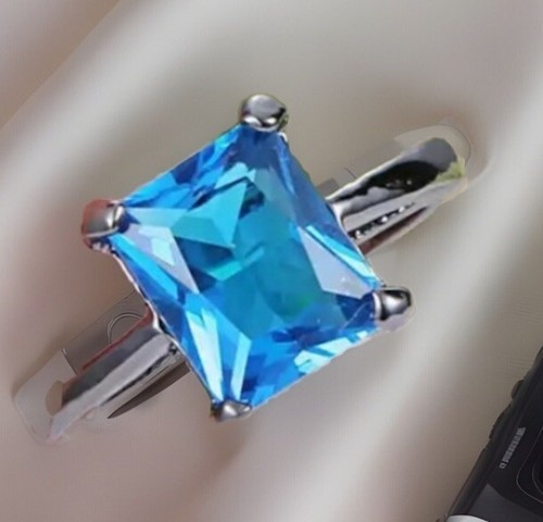 Aquamarine Blue Emerald Cut Topaz Gemstone-Silver Titanium Statement Ring-Size 8 - Picture 17 of 23