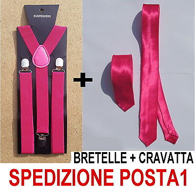 BRETELLE PAPILLON UOMO DONNA ADULTO REGOLABILI CRAVATTINO RASO FUCSIA FUXIA