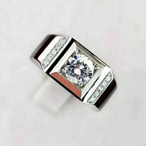 Lab-Created Diamond 3CT Round Cut Men's Engagement Ring 14K White Gold Plated - Picture 2 of 4