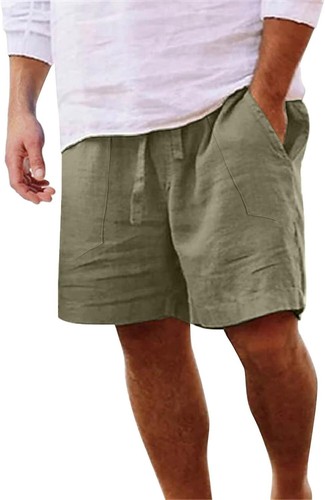 Mens Shorts Summer Casual Cotton Linen Drawstring Elastic Waist Beach Shorts - Picture 7 of 31