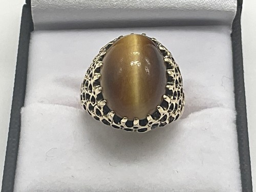 Large Vintage Retro Fine Condition Tiger Cat Eye “Jumbo”Detail Cut 14k Gold Ring - Picture 11 of 11