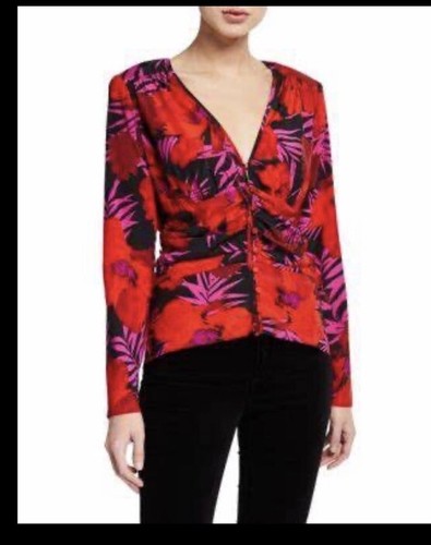NICE! Veronica Beard Pevero Red Floral Ruched Stretch Silk Top Blouse Size 2 - Picture 5 of 12