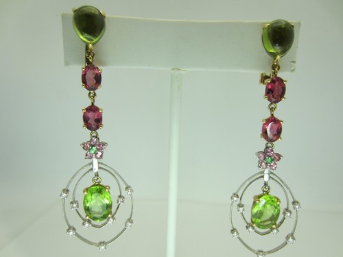 18K Yellow Gold Multicolor Tourmaline Peridot Diamond Dangle Earrings 14ct 2.7" - Picture 5 of 17