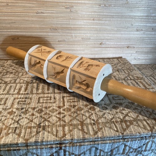 Vtg Cookie Mold Wood Carved Shortbread Rolling Pin Embossed Cottage Springerle