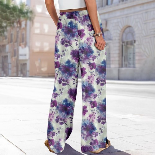 Women's Beach Palazzo Pants Lounge Wide Leg Loose Comfy Pull On Casual Trousers - Picture 23 of 39