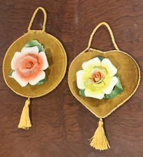 Vintage Two Set Capodimonte Porcelain Flower Wall Hanging Gold Velvet Italy