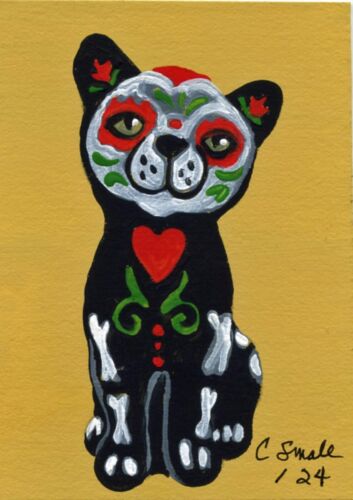 ACEO ATC Original Painting Day of the Dead Black Cat Pet Art-C. Smale - Picture 1 of 2