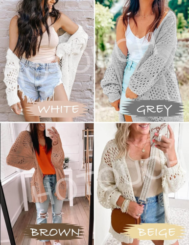 Lightweight Crochet Cardigan for Women Long Sleeve Open Front Knit Oversized Car - Picture 5 of 35