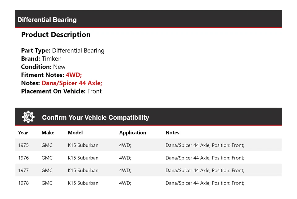 For 1975-1978 GMC K15 Suburban 4WD Differential Bearing Front Timken 1976 1977 - Image 2 of 4