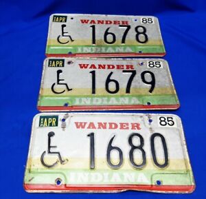 Lot-Of-3-Vintage-1985-Wander-Indiana-License-Plates-Handicap-Sequential-Hoosier