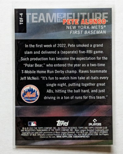 2022 Topps Stadium Club Chrome Pete Alonso Team of the Future #TOF-4 NY Mets - Picture 2 of 2