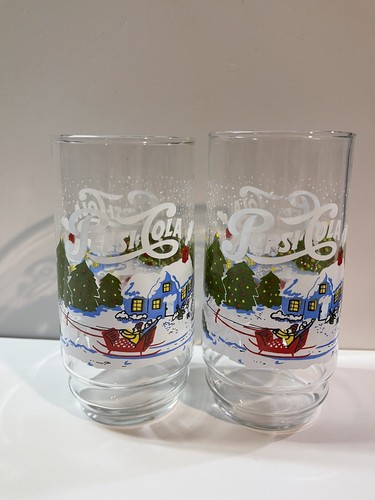 Vintage Pepsi Cola Christmas Sleigh Snow Scene 16oz Drinking Glasses Set of 2