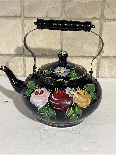 Vintage Black Canal Ware Bargeware Hand Painted Floral Metal Kettle - Picture 16 of 19