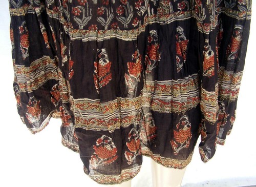 India Ethnic Festival Dress M Vtg 70s Block Print Border Hem Quilted Gold Paint - Picture 11 of 11
