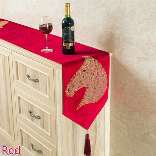 Velvet Table Runner Bed Runner Diamante Tassels Horse Pattern Decor Retro Home - Picture 6 of 19