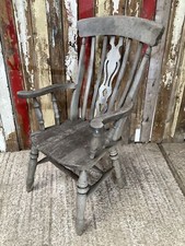 Old Weathered Farmhouse Solid Beech Fiddle Tall Back Carver Kitchen Arm Chair
