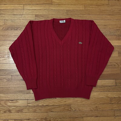 French LACOSTE 1980s／Cable Knit Sweater Vintage 80s Lacoste Tennis Sweater Mens L Green Stripes