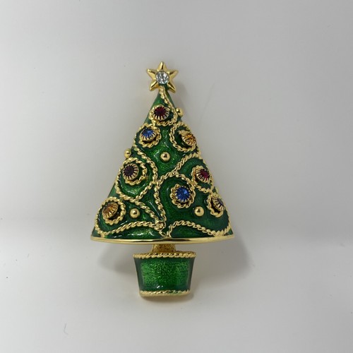 Vintage Weingeroff Green Enamel Christmas Tree Pin Brooch Crystal Earrings - Picture 1 of 10