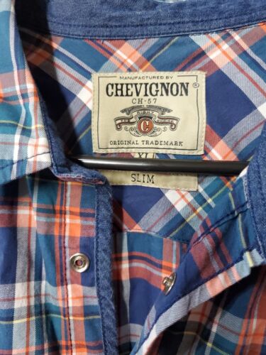 Camisa Chevignon Pearl Snap 100 % algodón ajustada a cuadros azul y naranja talla XL - Imagen 2 de 5
