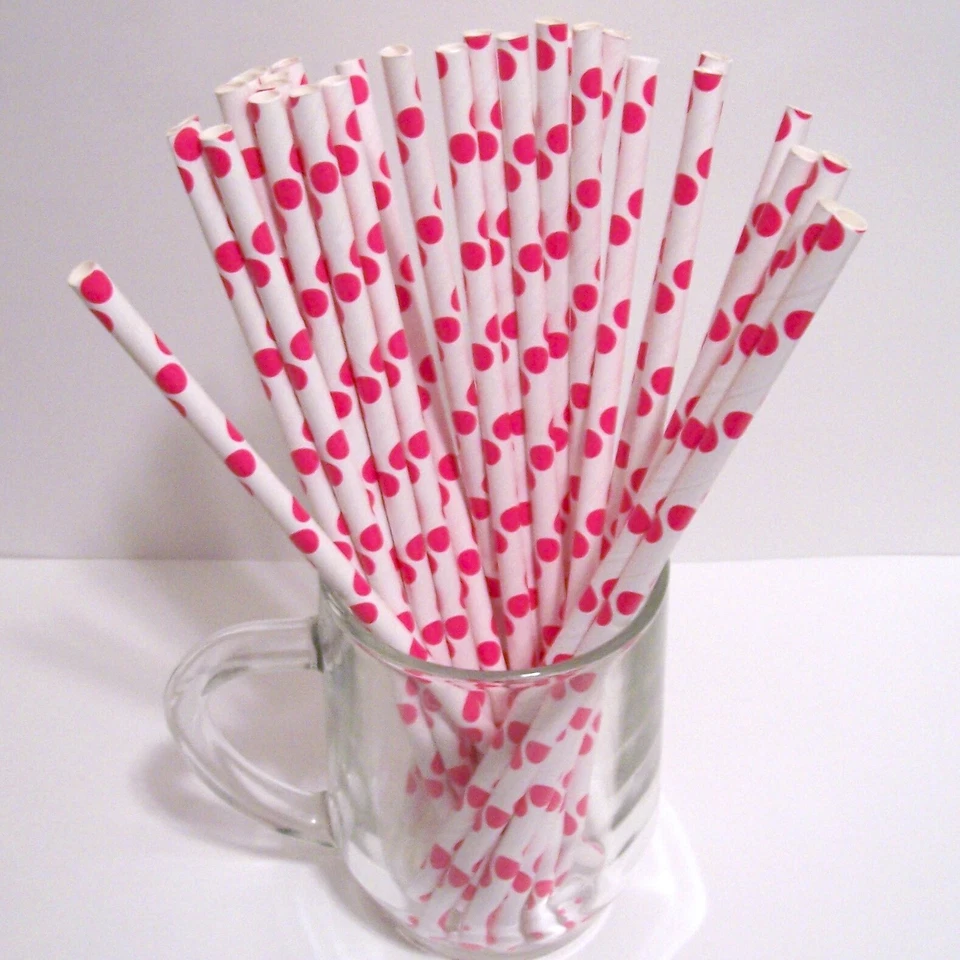 300 pajitas de papel blancas con puntos rosas suministros de fiesta celebración vacaciones Foto 3 de 4