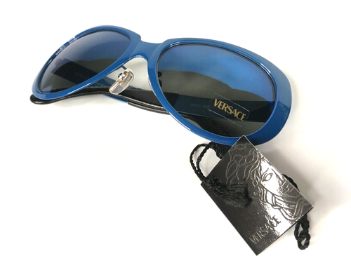 VERSACE VINTAGE GRIECHISCHE SCHLÜSSEL LEDER TEMPEL SONNENBRILLE POLARISIERT GLÄNZEND BLAU SCHWARZ - Bild 8 von 12