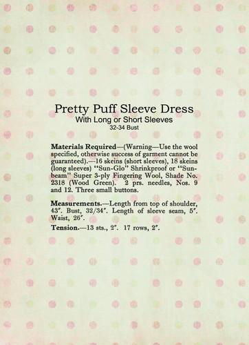 1940's Pretty Puff Sleeve Dress Vintage Knitting Pattern Bust 32-34 - Picture 2 of 2