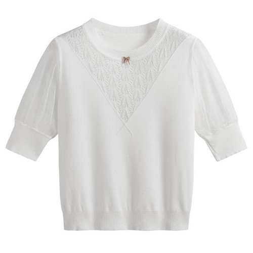 Lady Splicing Blouse Tops T-shirt Mesh Knitted Patchwork Half Sleeve Loose Basic - Picture 8 of 9