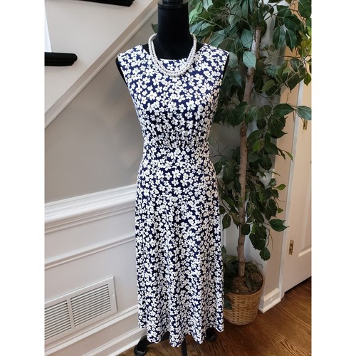 London Times Knee Length Dress Women's Blue White Floral Sleeveless Round Neck S - Picture 11 of 11
