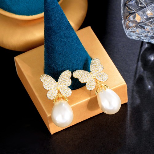 Pendientes colgantes de circonio cúbico pavimentado en oro amarillo para mujer mariposa perla - Imagen 7 de 12