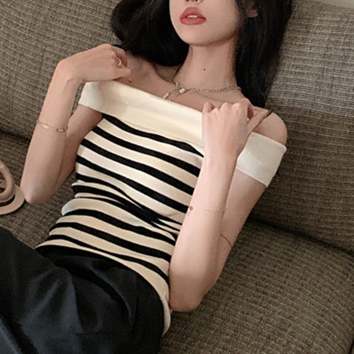 Chic Women Striped Slim Fit T Shirt with Off Shoulder Design for Casual Wear - Picture 8 of 36