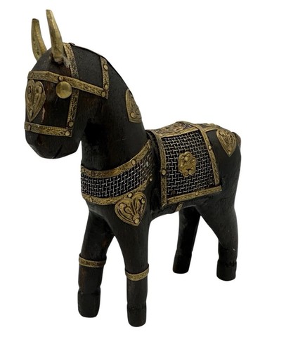Vintage indisches Messing & Holz schwarzes Kriegspferd Figur Handarbeit Volkskunst 6,5 Zoll - Bild 1 von 12