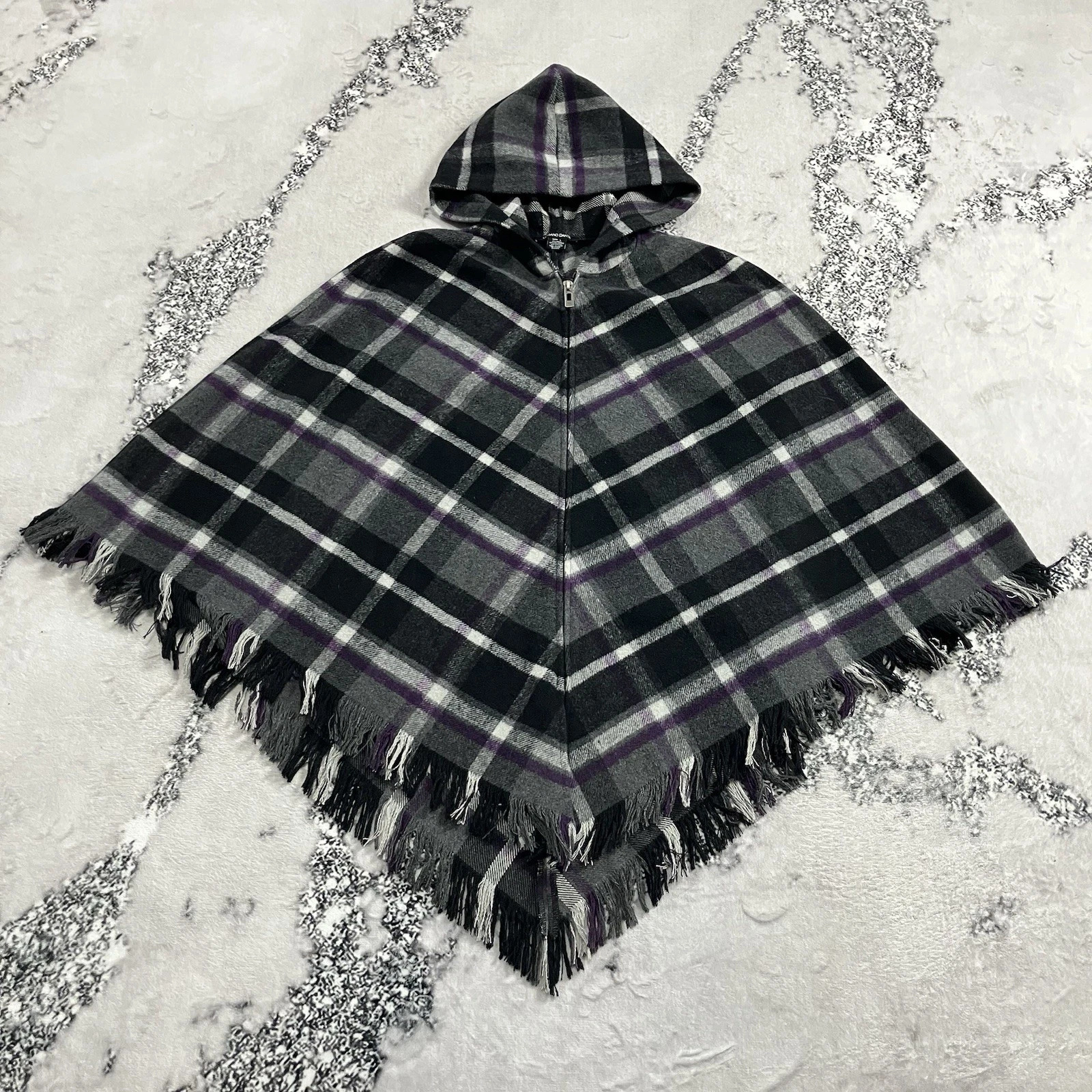 Luciano Dante Plaid Hooded Poncho Cape Wool Blend Fringe Zip Front Size L