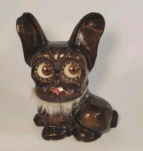 Antike Oswald Deutsche Uhr Rolling Googly Eyes Hund geschnitzt Holz Französische Bulldogge