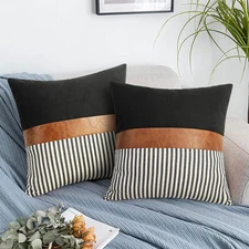 Set of 2 Farmhouse Decor Stripe Patchwork Black Linen Throw Pillow Covers,Modern