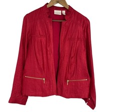 Chicos Red Open Front Long Sleeve Gold Zipper Pockets Blazer Size 2 US L