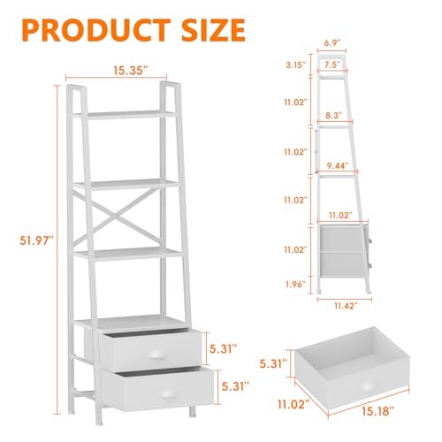 Ladder Shelf,Small Bookshelf with 2 Drawers,Vertical Bookcase 4-Tier White - Picture 3 of 6