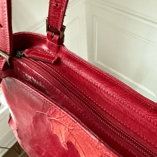 Vintage 90s Claudia Firenze Italy Red Leather Oak Leaf Baguette Satchel Bag Purs - Bild 6 von 13