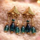 Vintage Art Deco Gold Green Geometric Dangle Drop Earrings, Fashion Jewelry